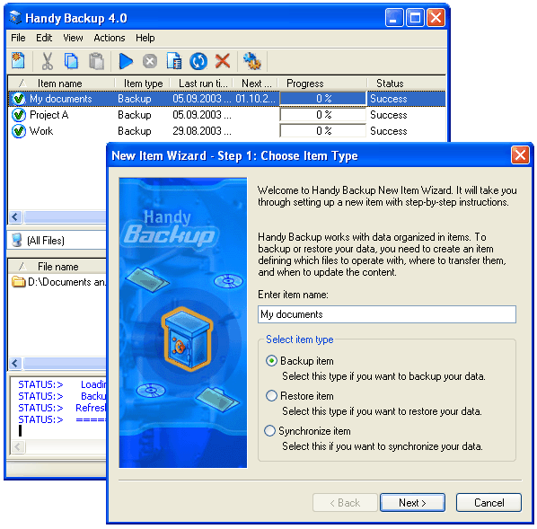 Backup to CD-R/W, FTP or LAN with scheduler, ZIP compression and encryption.